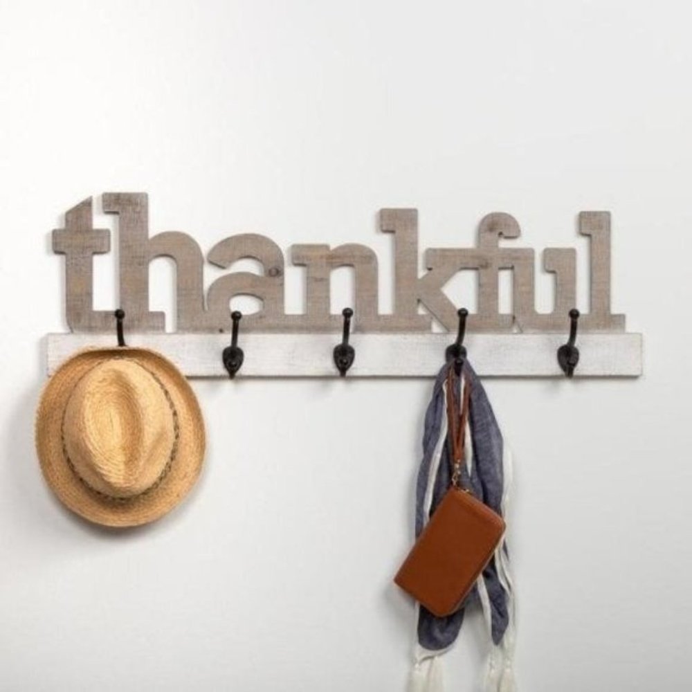 New Rustic Thankful Cut Out Rack with Hooks- Gray.